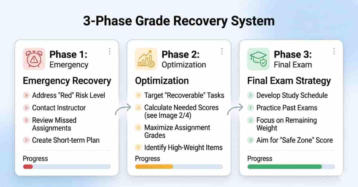 Three phase grade recovery roadmap showing emergency recovery optimization and final exam strategy for students