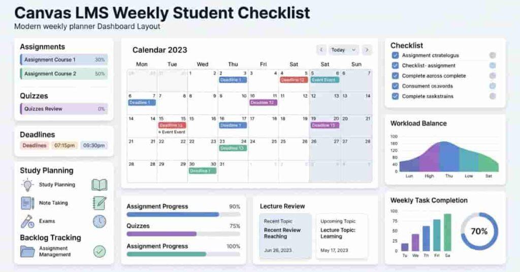 Weekly Canvas LMS assignment tracking system with study planner, deadlines, and productivity dashboard