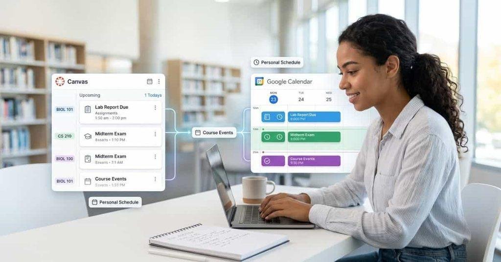 Canvas Calendar linked to Google Calendar for managing student assignments and deadlines