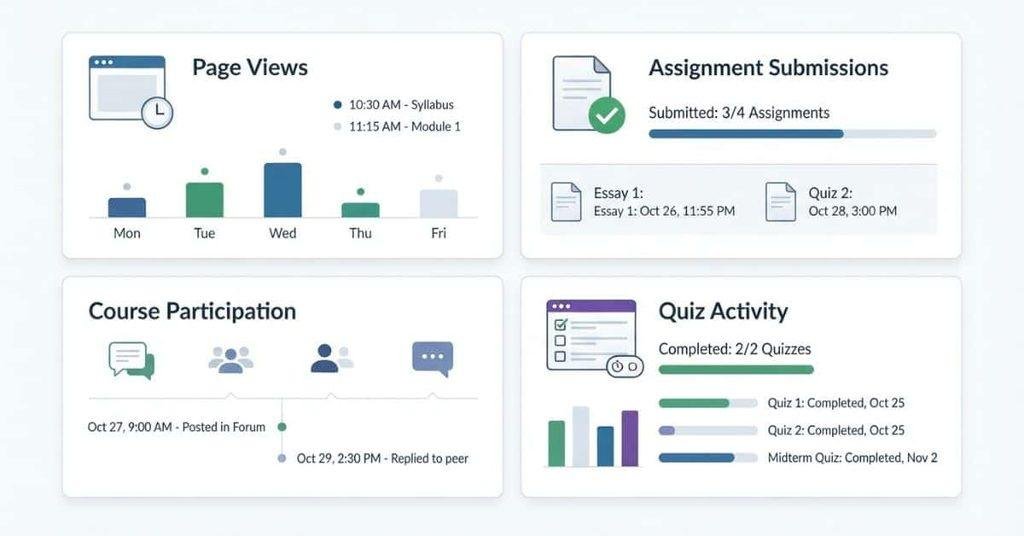 Canvas activity tracking dashboard showing page views assignments participation and quizzes