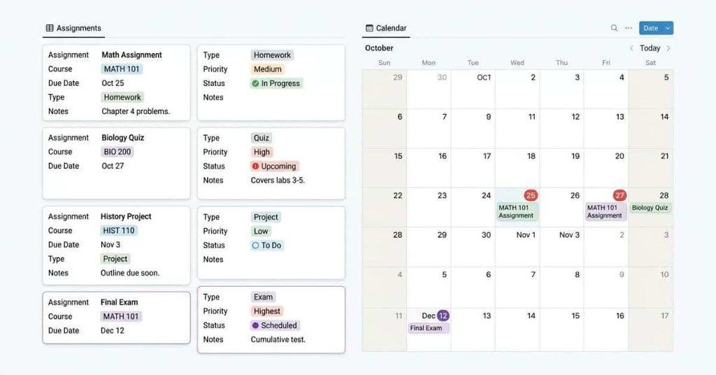 Notion assignment calendar organizing Canvas courses, due dates, priorities, and status