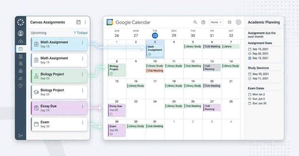 Canvas assignments and due dates organized in Google Calendar
