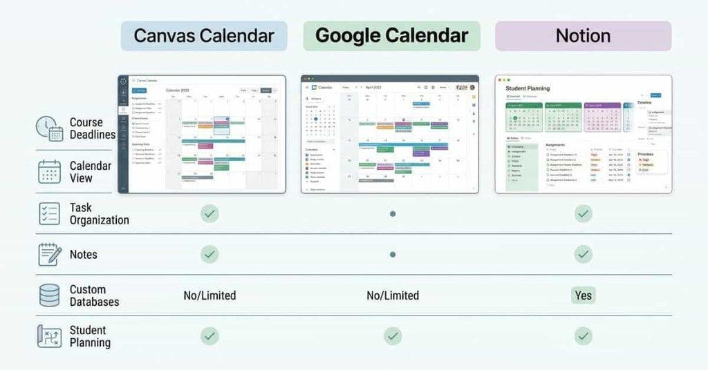 Canvas Calendar vs Google Calendar vs Notion for student deadline and assignment planning