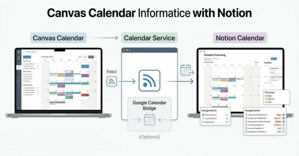 Canvas Calendar to Notion workflow using a calendar feed and connected calendar service