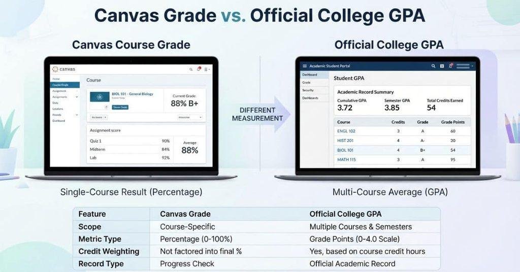 Comparison of Canvas course grades and official college GPA calculations