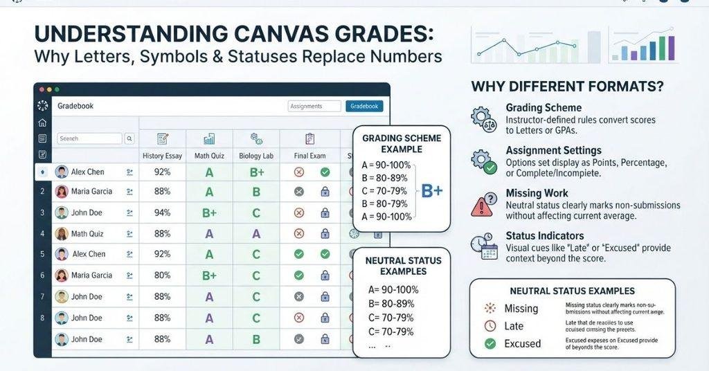 Canvas gradebook showing letters, symbols, statuses, and numeric grades