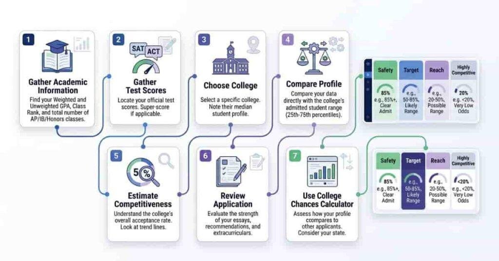 College chances estimate calculation using academic profile test scores and selectivity