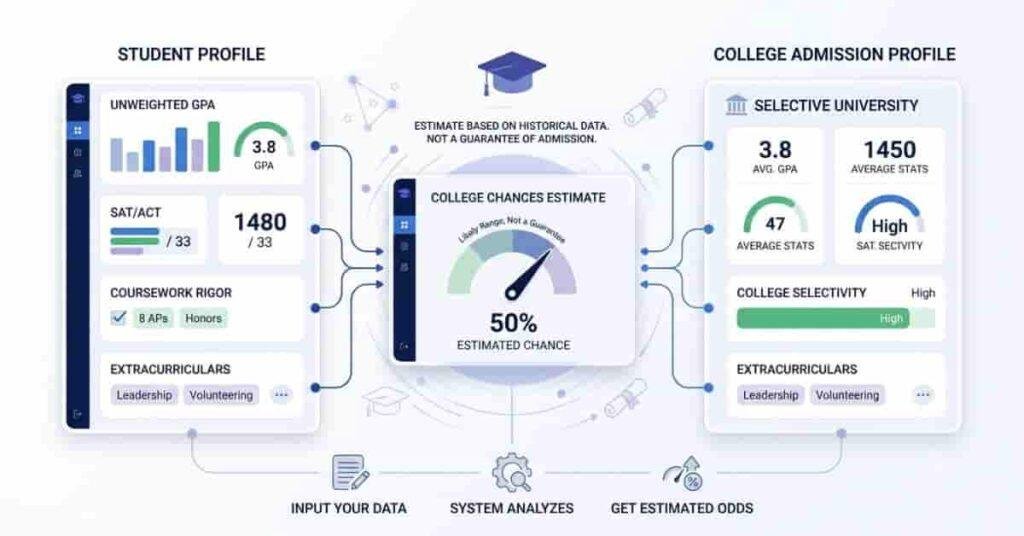 College chances estimate showing GPA, SAT, coursework, and college selectivity factors