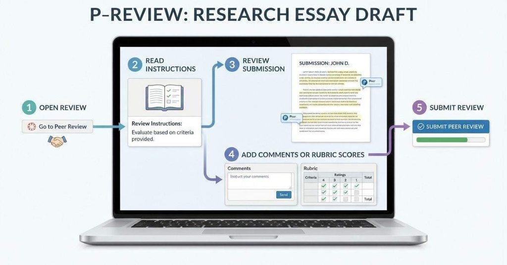 Steps for completing a peer review in Canvas with comments and rubric feedback
