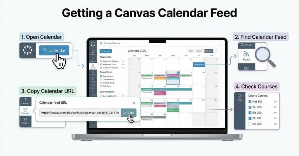 Steps to get a Canvas Calendar feed URL for connecting course deadlines
