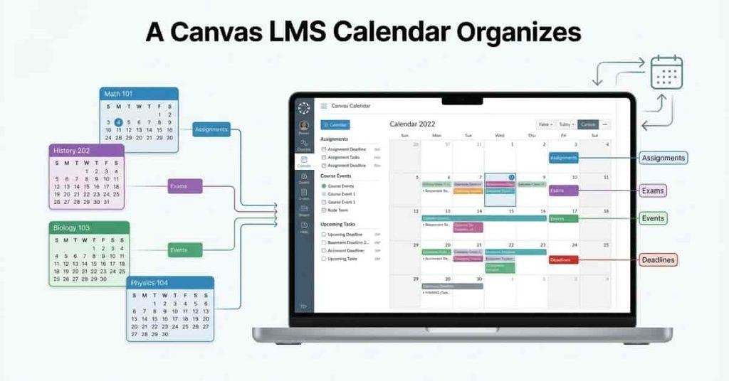 Canvas Calendar showing course assignments, events, and student deadlines