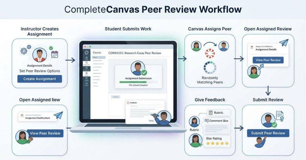 Canvas peer review workflow showing how students review and submit feedback