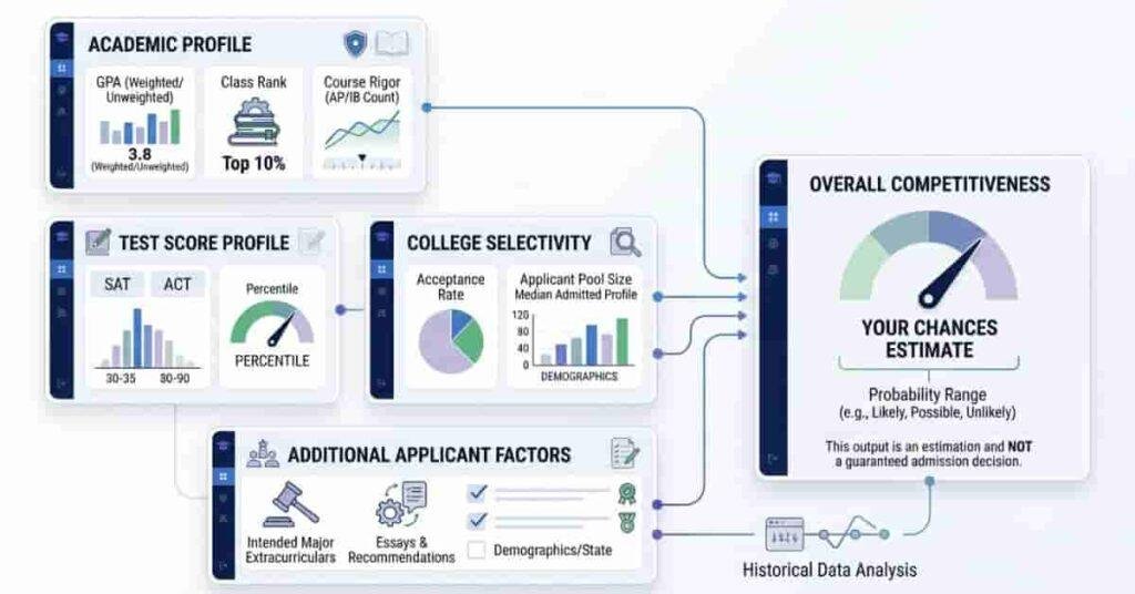 Steps for calculating college admission chances using academic and college data