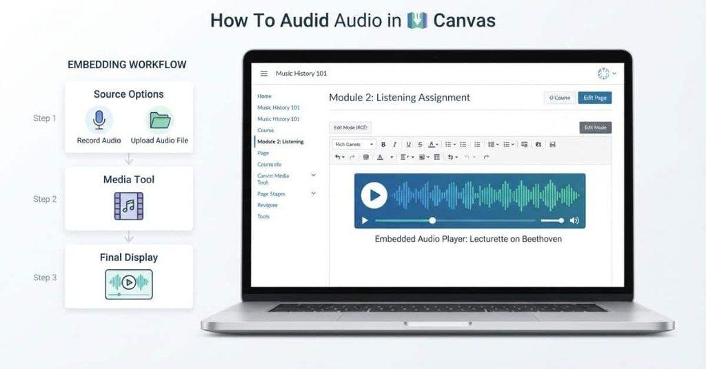 Embedded audio player showing how to add audio media in Canvas