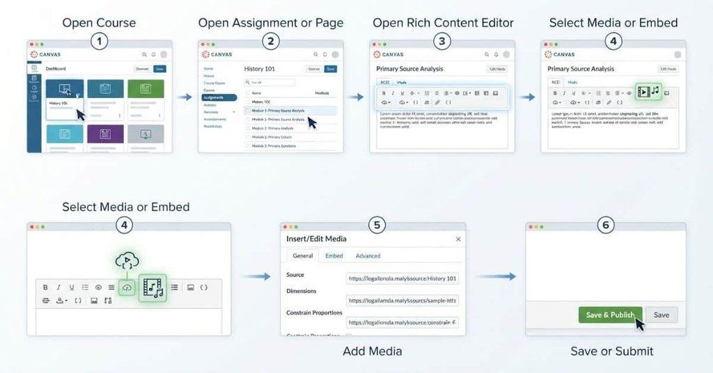 Step-by-step guide showing how to embed media on Canvas using the Rich Content Editor