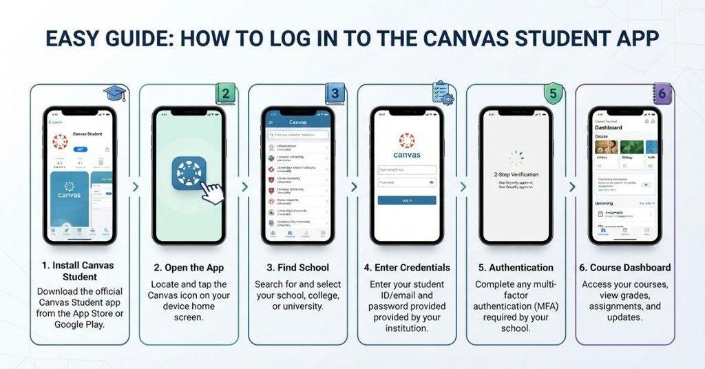 Six steps for logging into the Canvas Student app and accessing courses