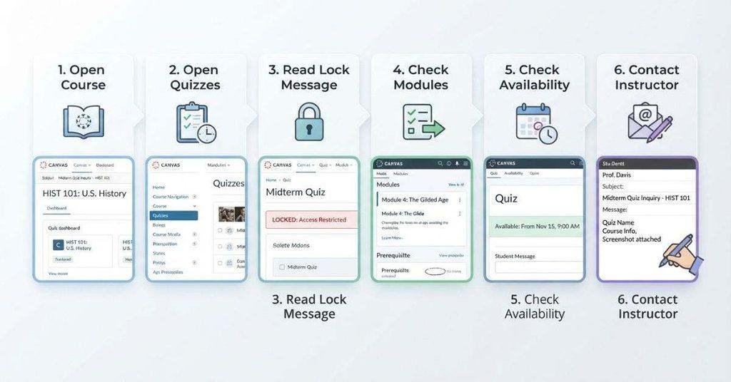 Step-by-step process for taking a locked Canvas quiz and checking access settings