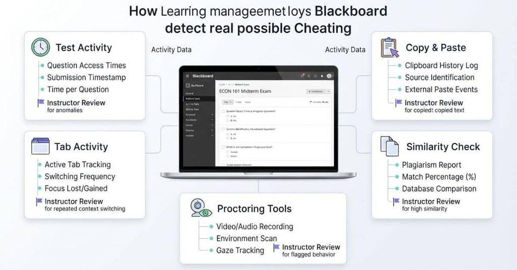 Blackboard cheating detection methods including test activity, tab activity, similarity checks, and proctoring