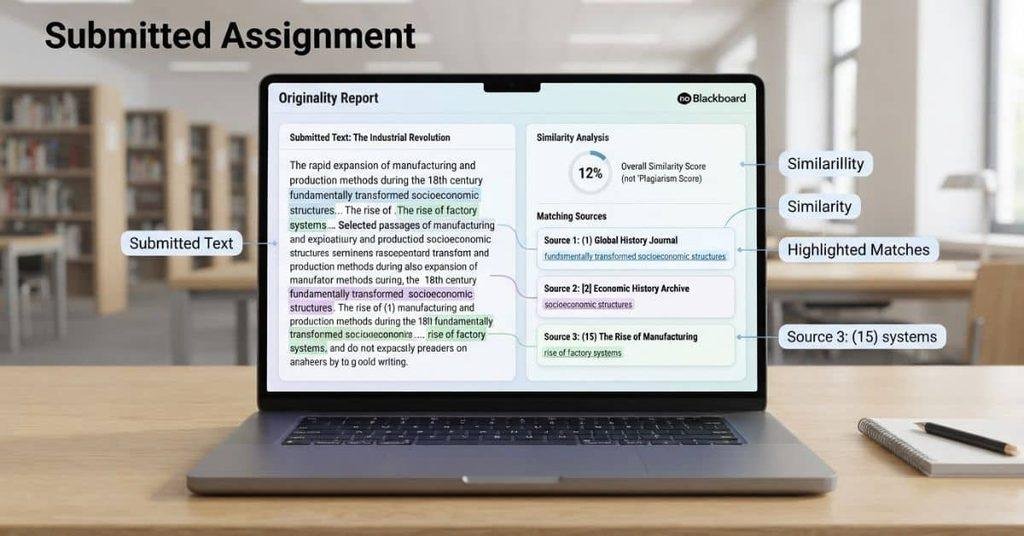 Blackboard Originality Report showing highlighted matches, similarity, and sources