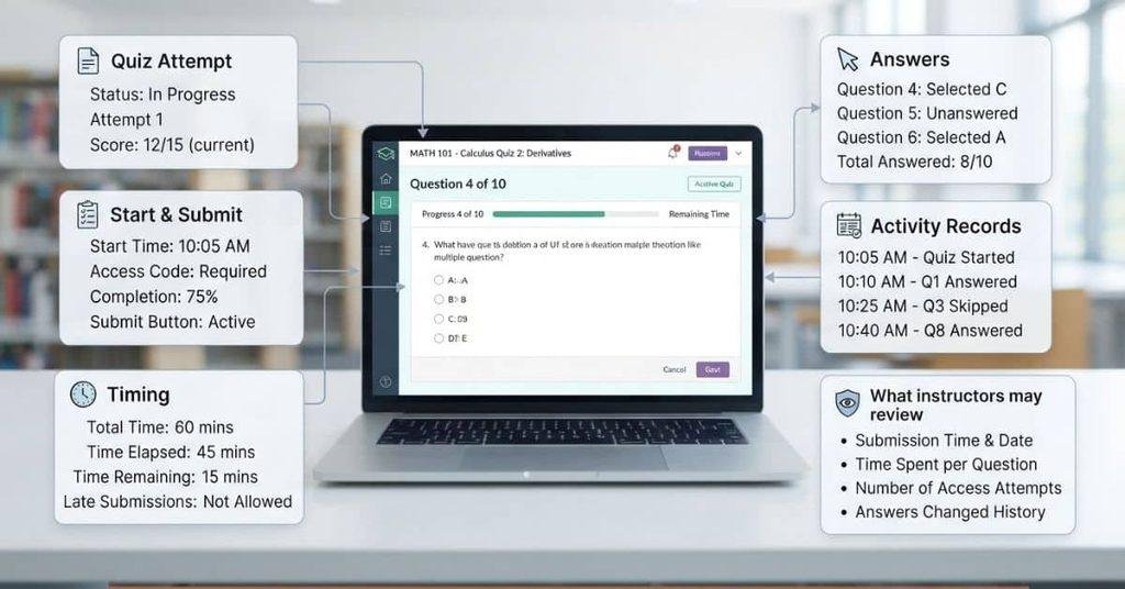 Blackboard quiz tracking showing attempts, timing, answers, and activity records