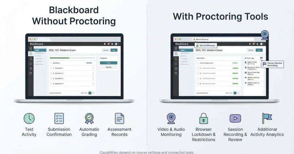 Blackboard without proctoring compared with online exam monitoring tools and additional assessment controls