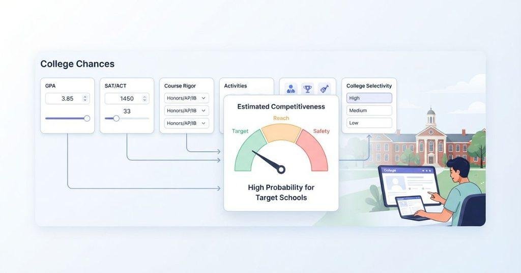 College chances calculator showing GPA, SAT, activities, and selectivity factors