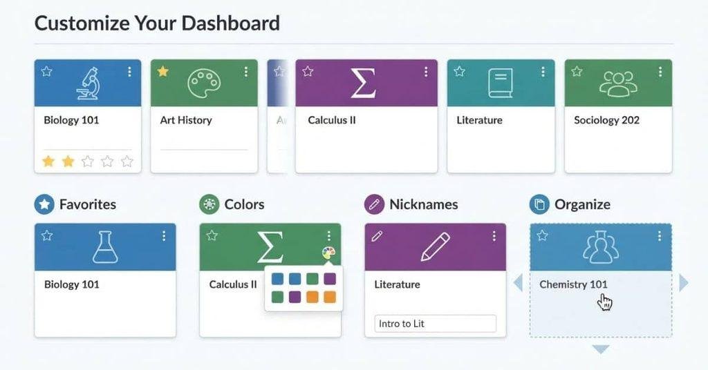 Canvas Dashboard customization options for course cards, colors, favorites, and nicknames