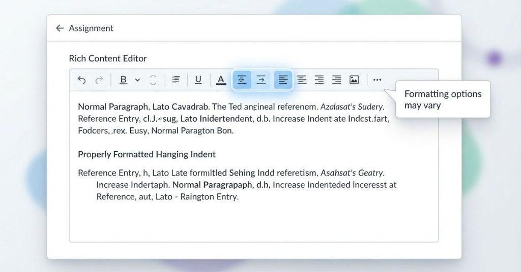Canvas assignment text editor showing hanging indent formatting options for references
