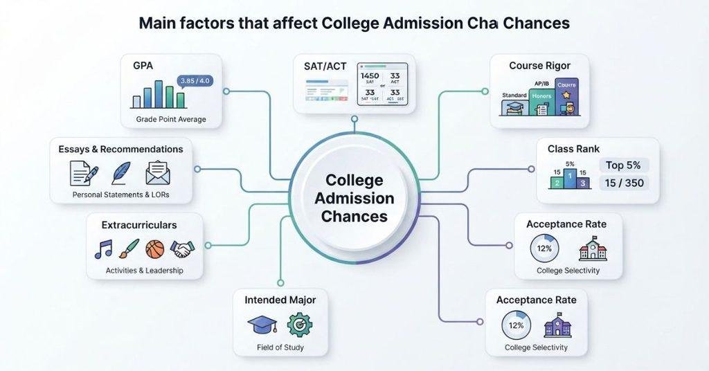 Factors affecting college admission chances including GPA SAT ACT and activities