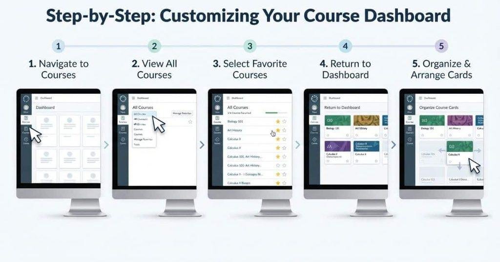 Step-by-step guide showing how to customize a Canvas Dashboard and organize course cards