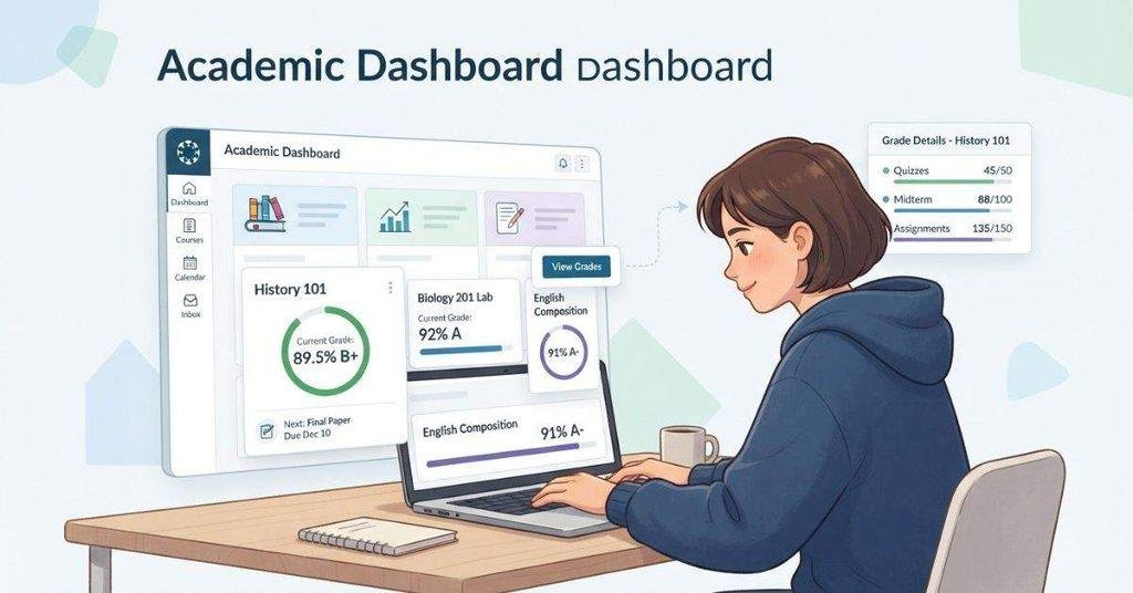 Canvas Dashboard cards displaying student grades and academic progress