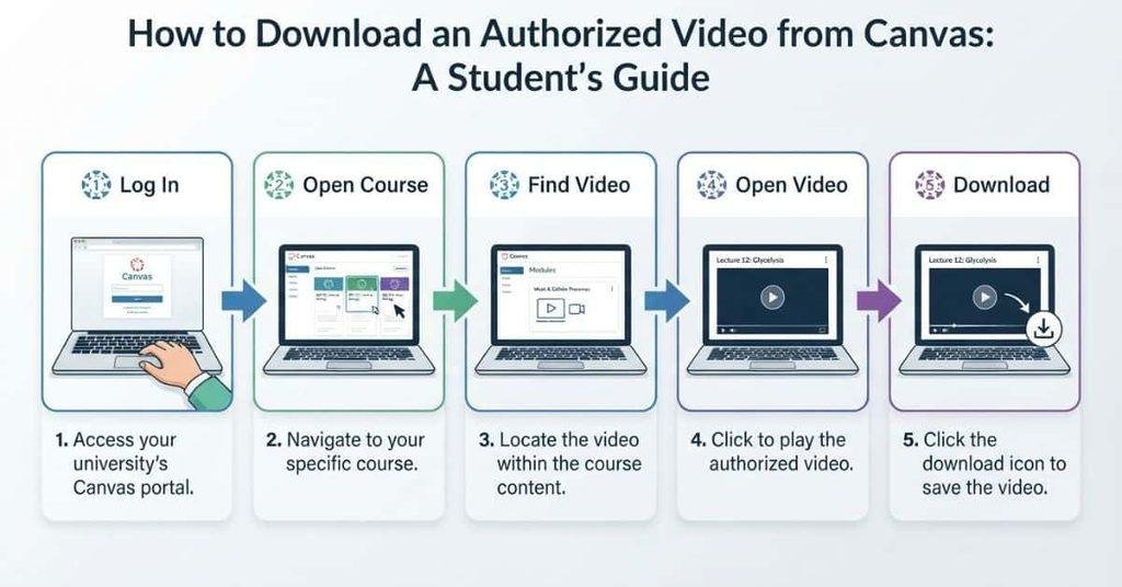 Step-by-step guide showing how to download a video from Canvas