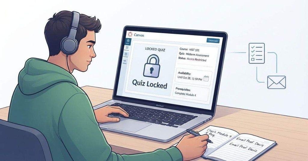 Locked Canvas quiz guide showing a student checking quiz access, availability, and prerequisites