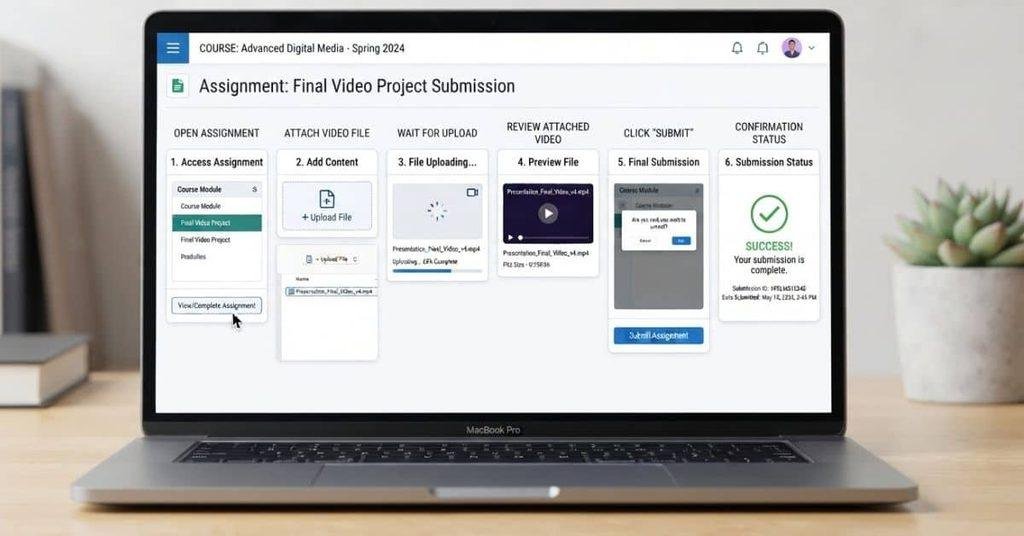 Blackboard Ultra video upload process showing assignment submission steps