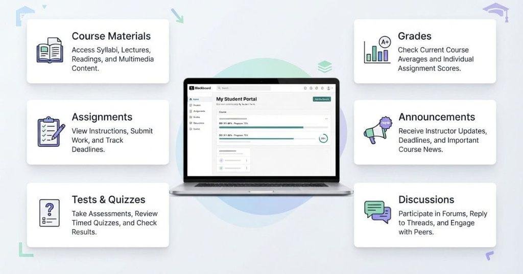 What students can do on Blackboard including assignments, quizzes, grades, materials, and discussions