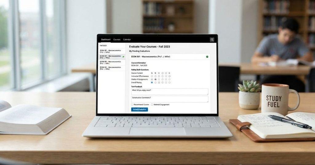 Blackboard course evaluation page showing how students find and complete a course evaluation