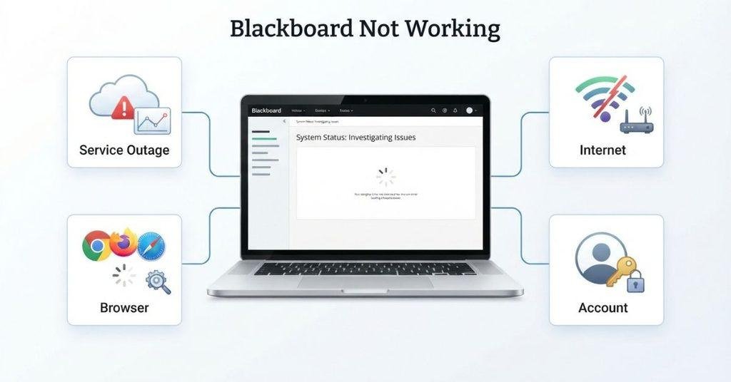 Common reasons why Blackboard is not working, including outage, internet, browser, and account issues